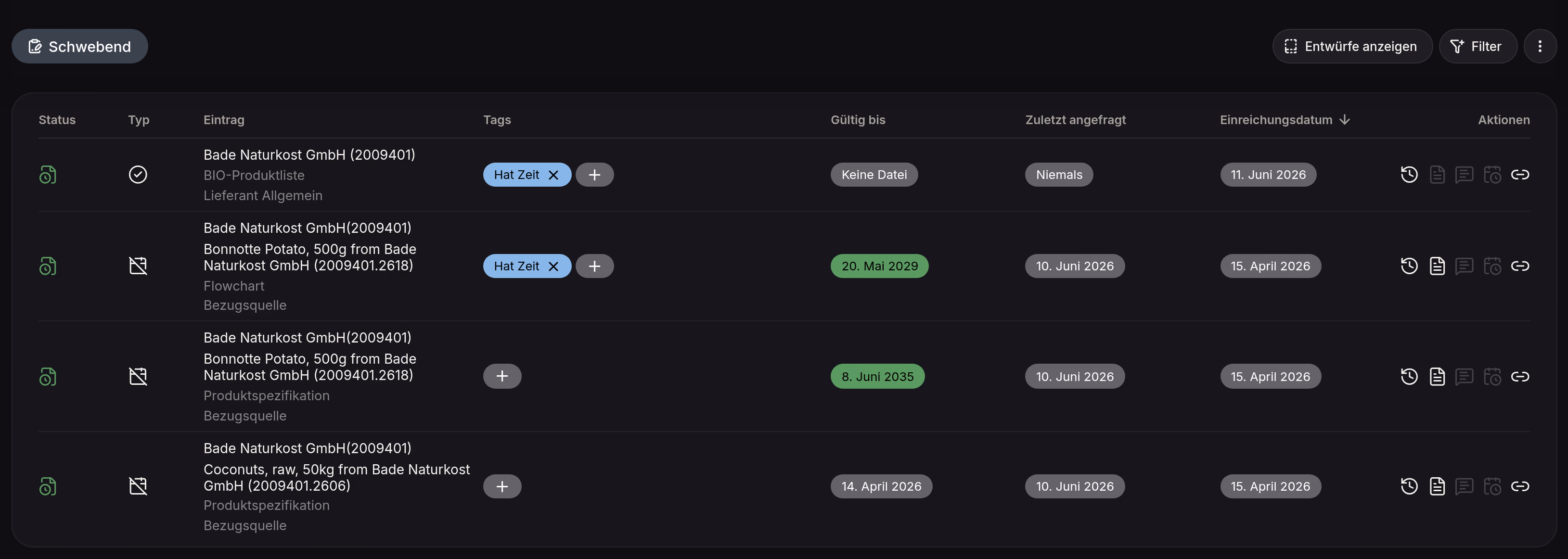 Schwebende Einträge in Certiflow