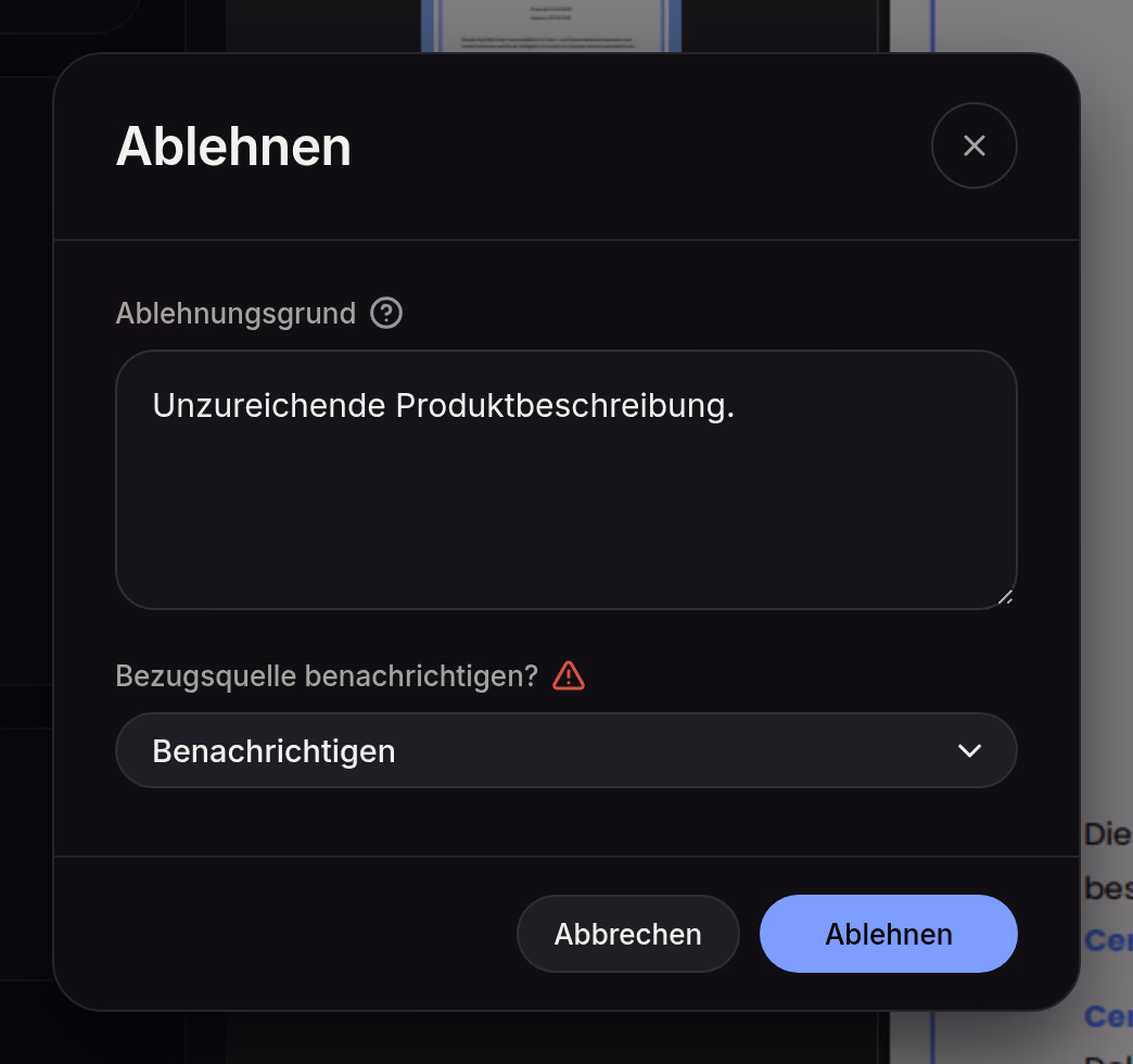 Ablehnen-Popup in Certiflow