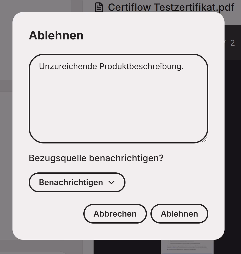 Ablehnen-Popup in Certiflow