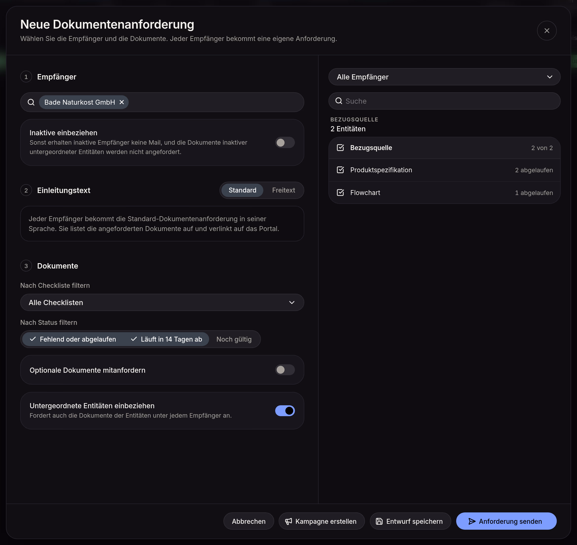Dialog „Neue Dokumentenanforderung“ in Certiflow