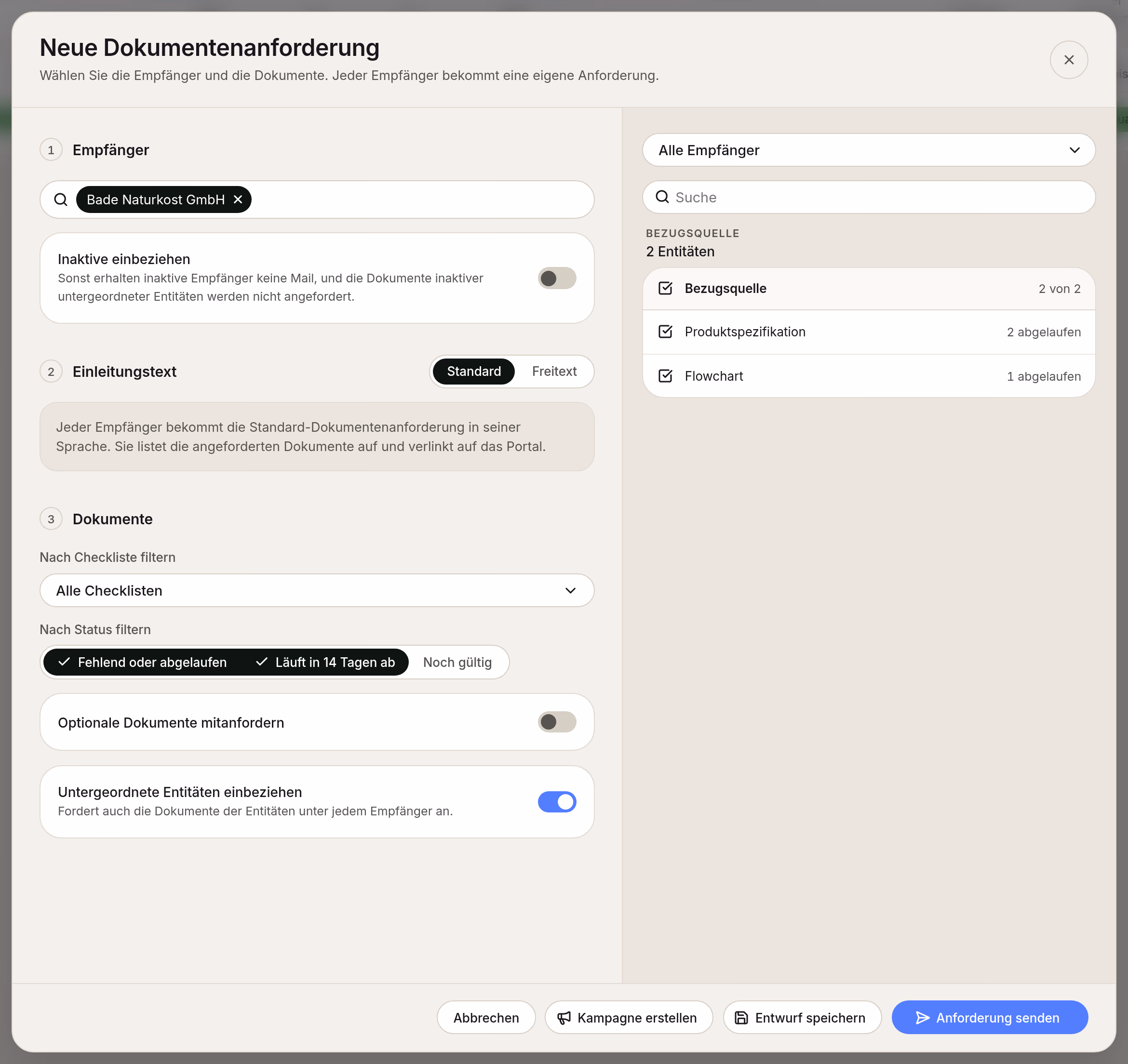 Dialog „Neue Dokumentenanforderung“ in Certiflow