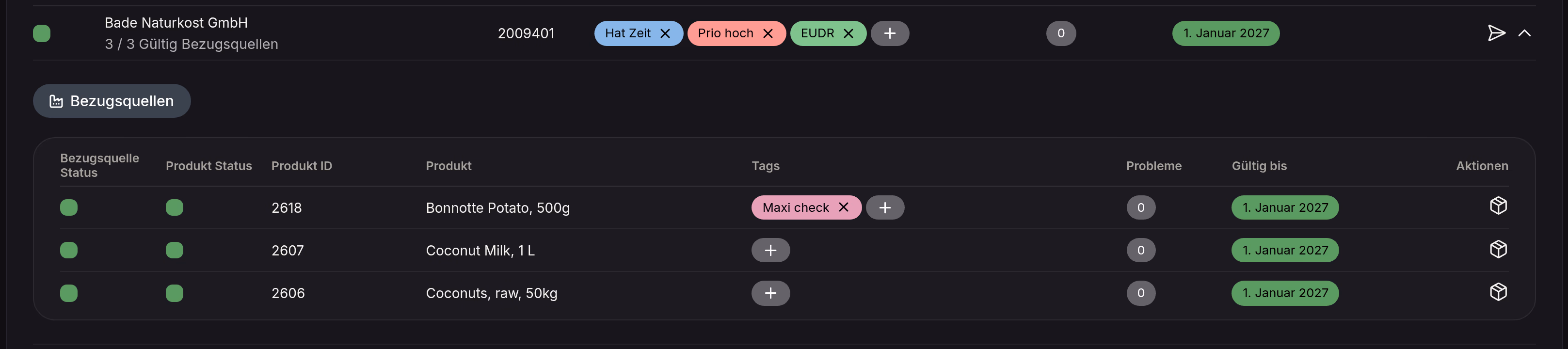 Ausgeklappter Lieferant in der Certiflow-Übersicht