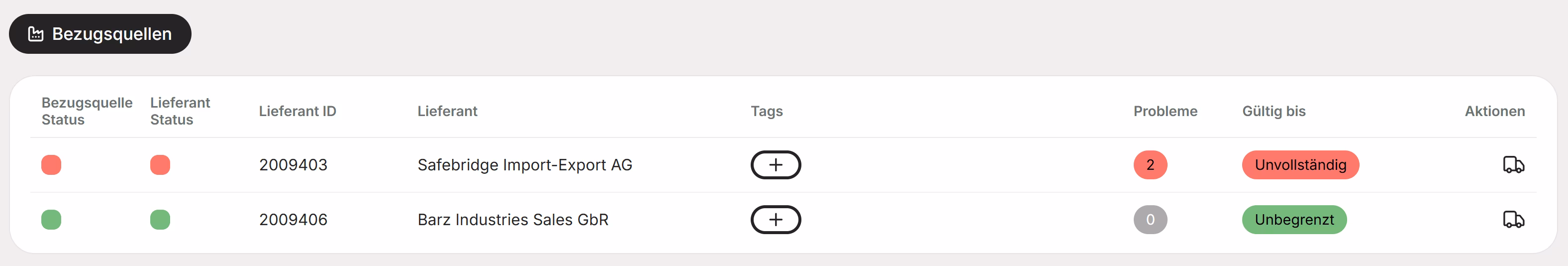 Bezugsquellenliste einer Produktseite in Certiflow